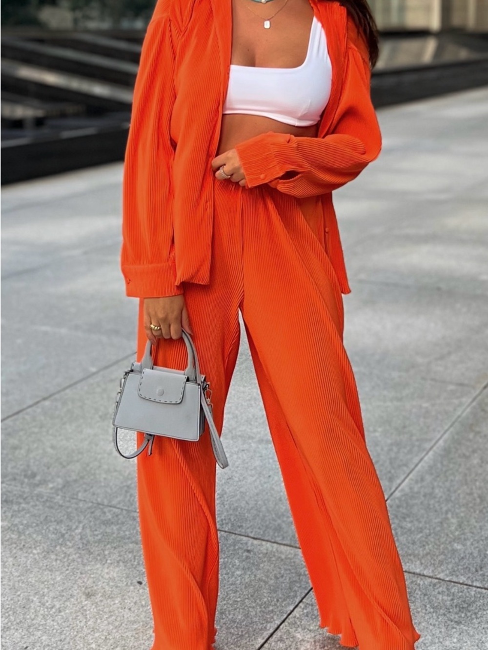 Orange Pleated Blouse and Wide leg pant set for Women